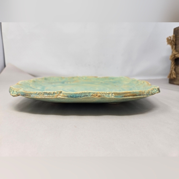 Coastal Ceramic Art Piece Plate in Teal and Tan Stamped Starfish & Sea Shells - Picture 5 of 11